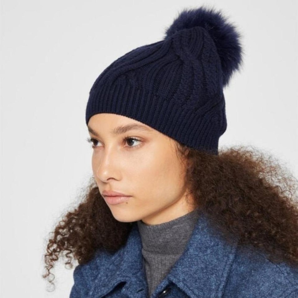Club Monaco Navy Blue Cable Knit Pom Pom Beanie Winter Hat OSFA
